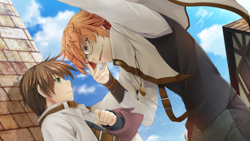 2boys, adjusting_eyewear, against_wall, alto_travers, atelier-moo, belt, bespectacled, blue_eyes