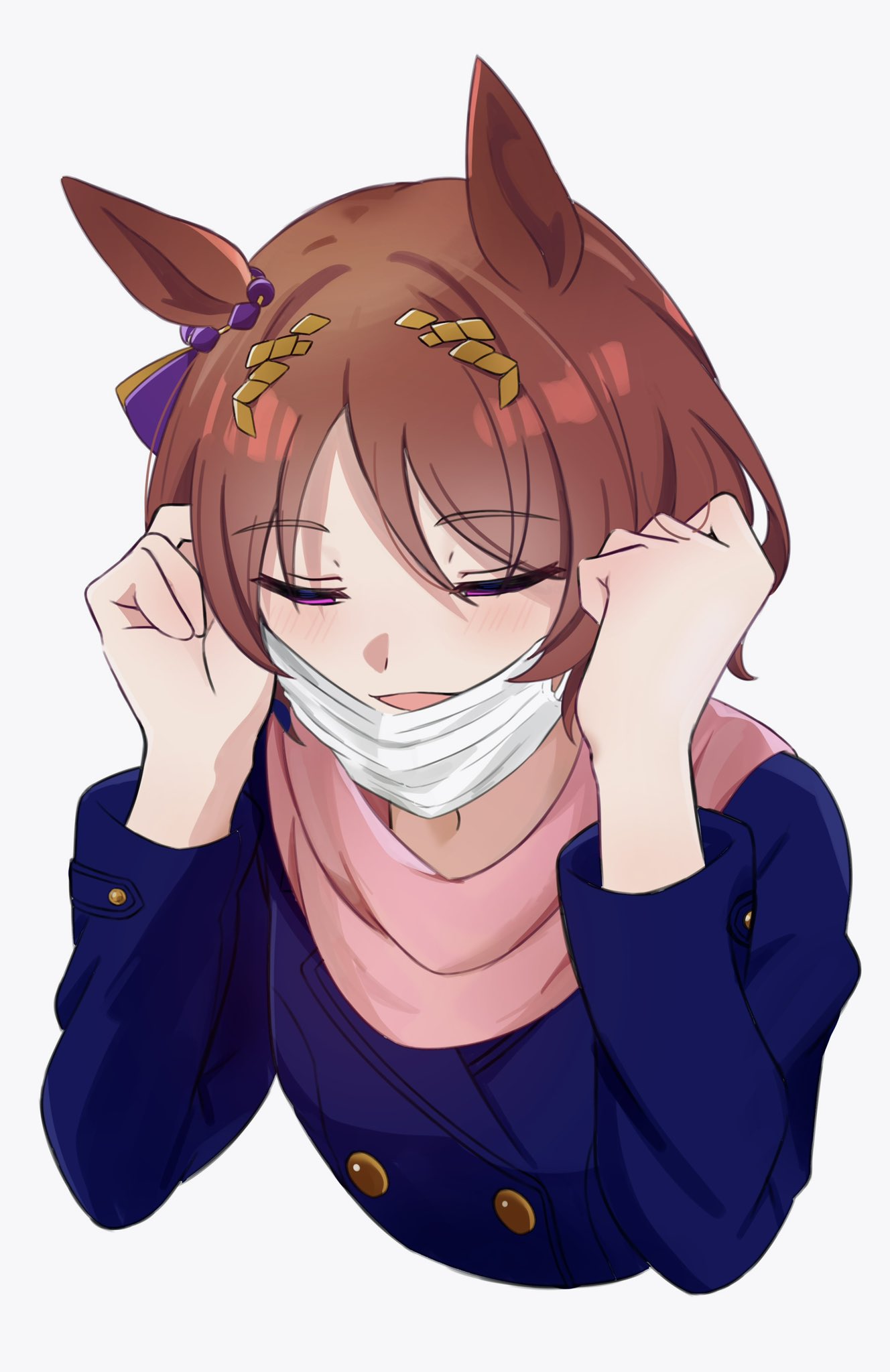 1girl, animal_ears, blue_coat, brown_hair, buttons, chokotabetai00, closed_eyes, coat, commission, double-breasted, highres, horse_ears, horse_girl, mask, mouth_mask, pink_scarf, sakura_laurel_(umamusume), scarf, short_hair, simple_background, solo, tracen_winter_coat, umamusume, upper_body, white_background, winter_clothes, winter_coat