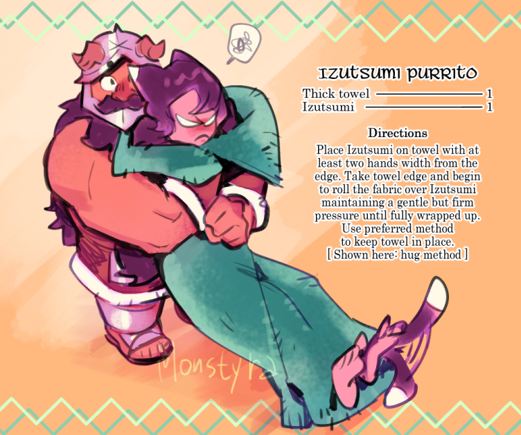 1boy, 1girl, angry, beard, black_hair, brown_hair, cat_girl, commentary, dungeon_meshi, dwarf, english_commentary, english_text, facial_hair, fake_horns, helmet, horned_helmet, horns, hug, hug_from_behind, izutsumi, long_beard, monstyra, pinned, senshi_(dungeon_meshi), spoken_squiggle, squiggle, tail, tail_wagging, thick_mustache, v-shaped_eyebrows, very_long_beard
