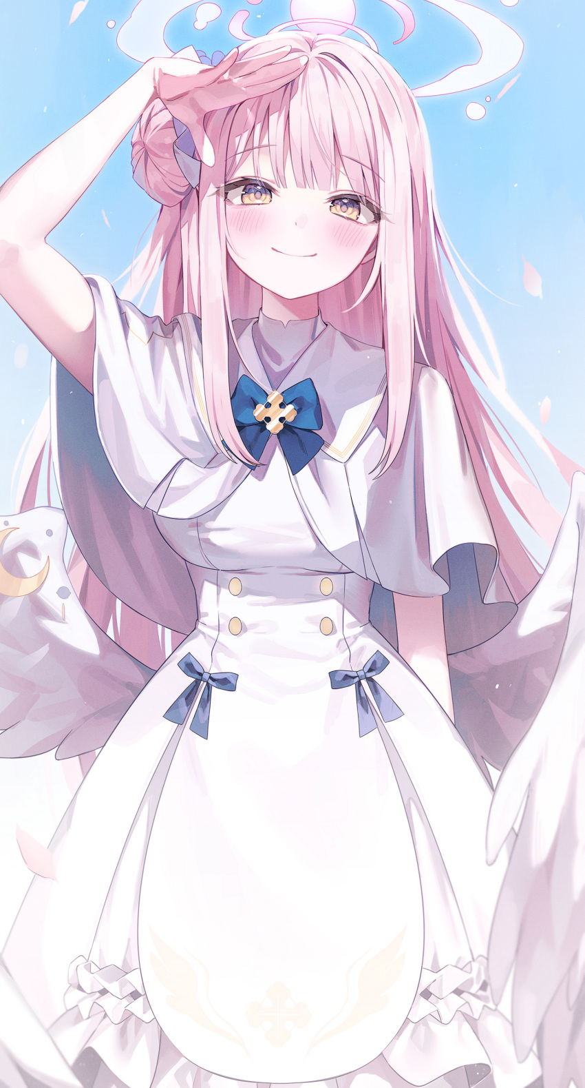 1girl, absurdres, angel_wings, arm_up, blue_archive, blue_bow, blue_sky, blush, bow, chimyo, closed_mouth, commentary, day, dress, falling_petals, hair_bun, halo, highres, long_hair, looking_at_viewer, low_wings, mika_(blue_archive), outdoors, petals, pink_hair, single_side_bun, sky, smile, solo, white_dress, white_wings, wings, yellow_eyes
