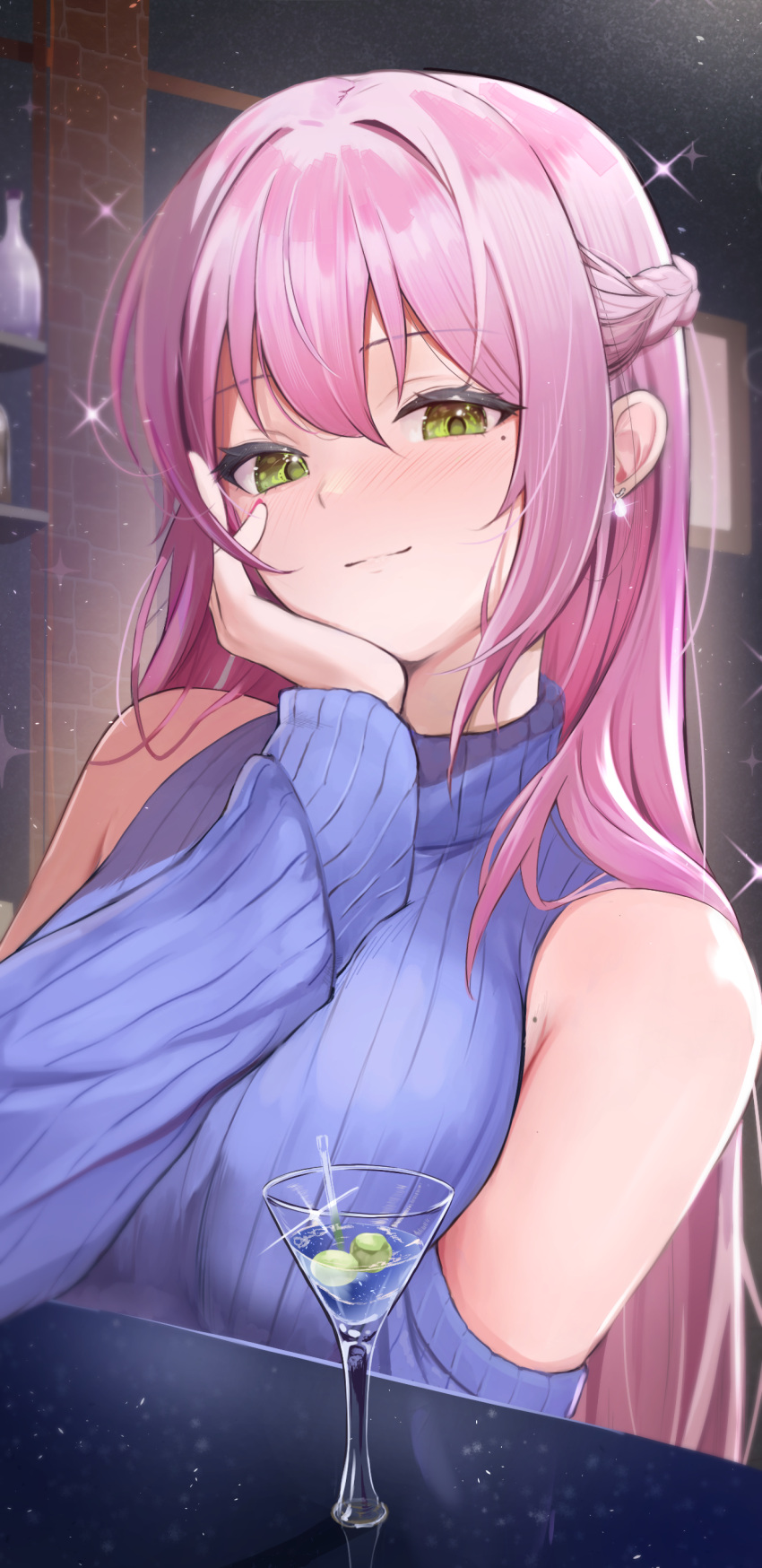 1girl, absurdres, bare_shoulders, blue_sweater, blush, braid, closed_mouth, cocktail_glass, cup, detached_sleeves, drinking_glass, green_eyes, head_rest, highres, keita_(kmfirstday), long_sleeves, looking_at_viewer, mole, mole_under_eye, original, pink_hair, ribbed_sleeves, ribbed_sweater, sleeveless, sleeveless_sweater, sleeveless_turtleneck, smile, solo, sparkle, sweater, turtleneck