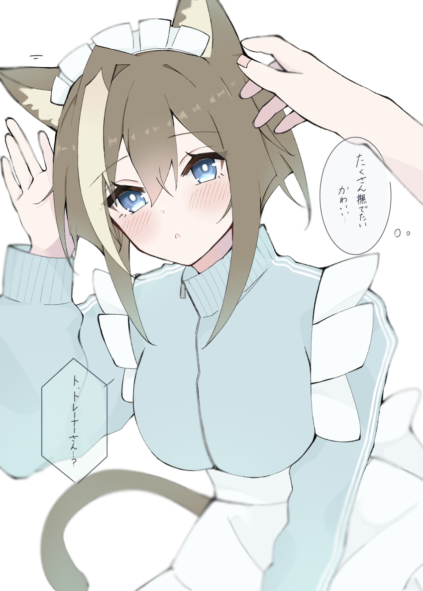 1girl, 1other, absurdres, animal_ear_fluff, animal_ears, apron, blue_eyes, blush, brown_hair, cat_ears, cat_girl, cat_tail, cheval_grand_(umamusume), hair_between_eyes, hand_up, hayato_hoshi604, highres, jacket, looking_at_viewer, maid, maid_apron, maid_headdress, multicolored_hair, solo_focus, streaked_hair, tail, tail_raised, track_jacket, track_suit, trainer_(umamusume), translation_request, umamusume, white_apron, white_background