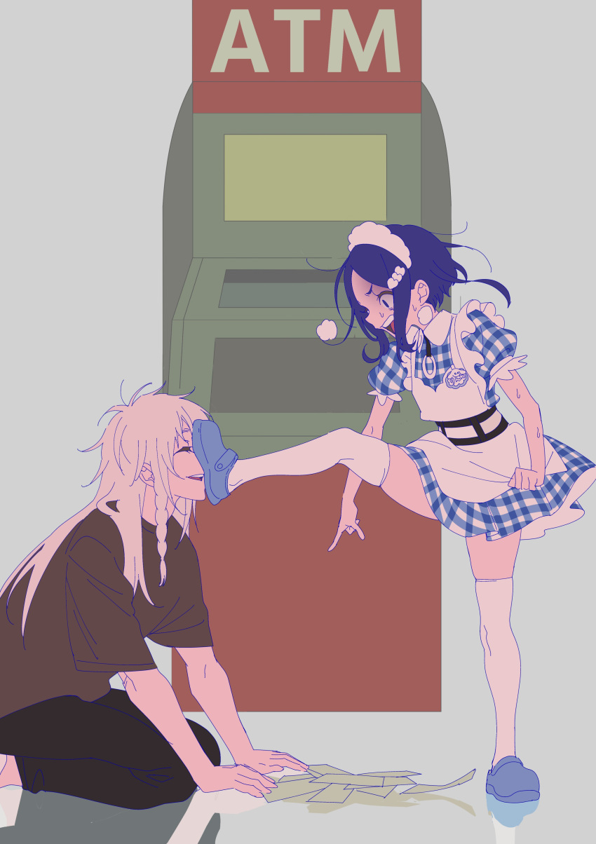 1boy, 1girl, absurdres, anchiki_shou, angry, atm, bad_id, bad_twitter_id, banknote, black_shirt, blue_dress, blue_eyes, blue_footwear, blue_hair, closed_eyes, collared_dress, commentary_request, dress, foot_on_another's_face, full_body, grey_background, highres, king_of_prism_by_prettyrhythm, leg_up, long_hair, maid, maid_headdress, money, open_mouth, plaid, plaid_dress, pointing, pointing_down, pretty_rhythm, pretty_series, profile, rinne_(pretty_rhythm), scolding, shine_(pretty_series), shirt, shoes, short_hair, short_sleeves, sitting, smile, standing, white_hair, wide-eyed