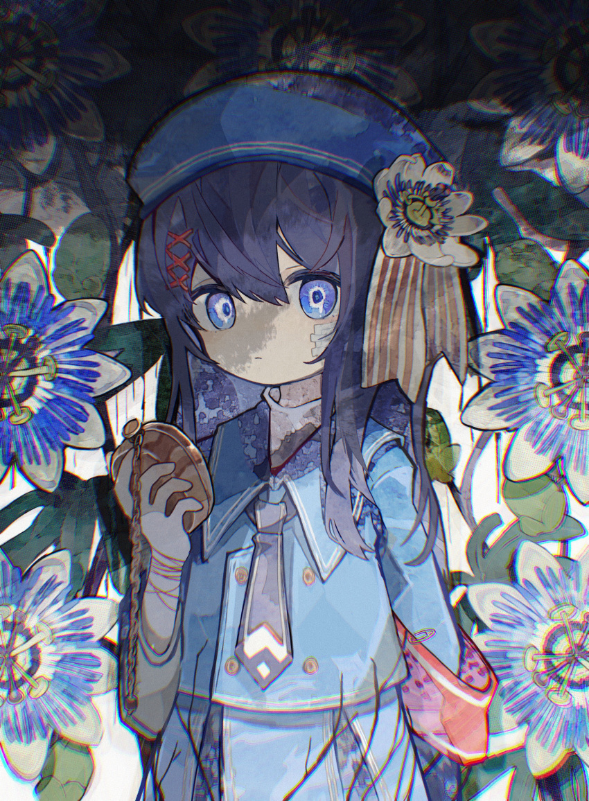1girl, absurdres, arm_at_side, armband, beret, black_necktie, blue_eyes, blue_flower