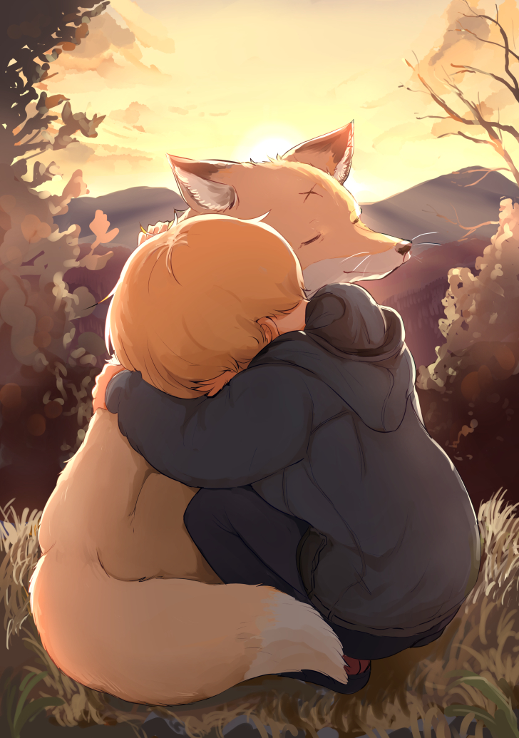 1boy, animal, animal_hug, backlighting, batta_(kanzume_quality), belt, blonde_hair, blue_hoodie