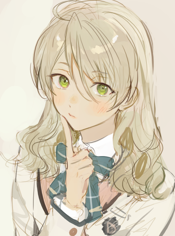 1boy, blazer, blonde_hair, blue_bow, blush, bow, closed_mouth, crossdressing
