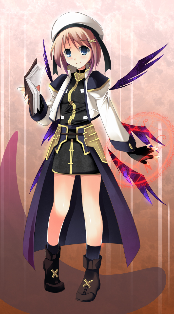 blue_eyes, book, boots, brown_hair, dress, hair_ornament, hairclip, hat