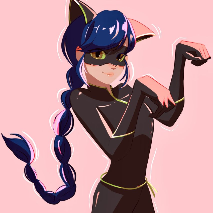 1girl, animal_ears, black_bodysuit, black_mask, blue_hair, bodysuit, braid, cat_ears, cat_girl, closed_mouth, green_eyes, highres, lady_noir, makumakuma03, marinette_dupain-cheng, mask, mask_on_head, miraculous_ladybug, paw_pose, pink_background, simple_background, slit_pupils, smile, solo, superhero_costume, upper_body