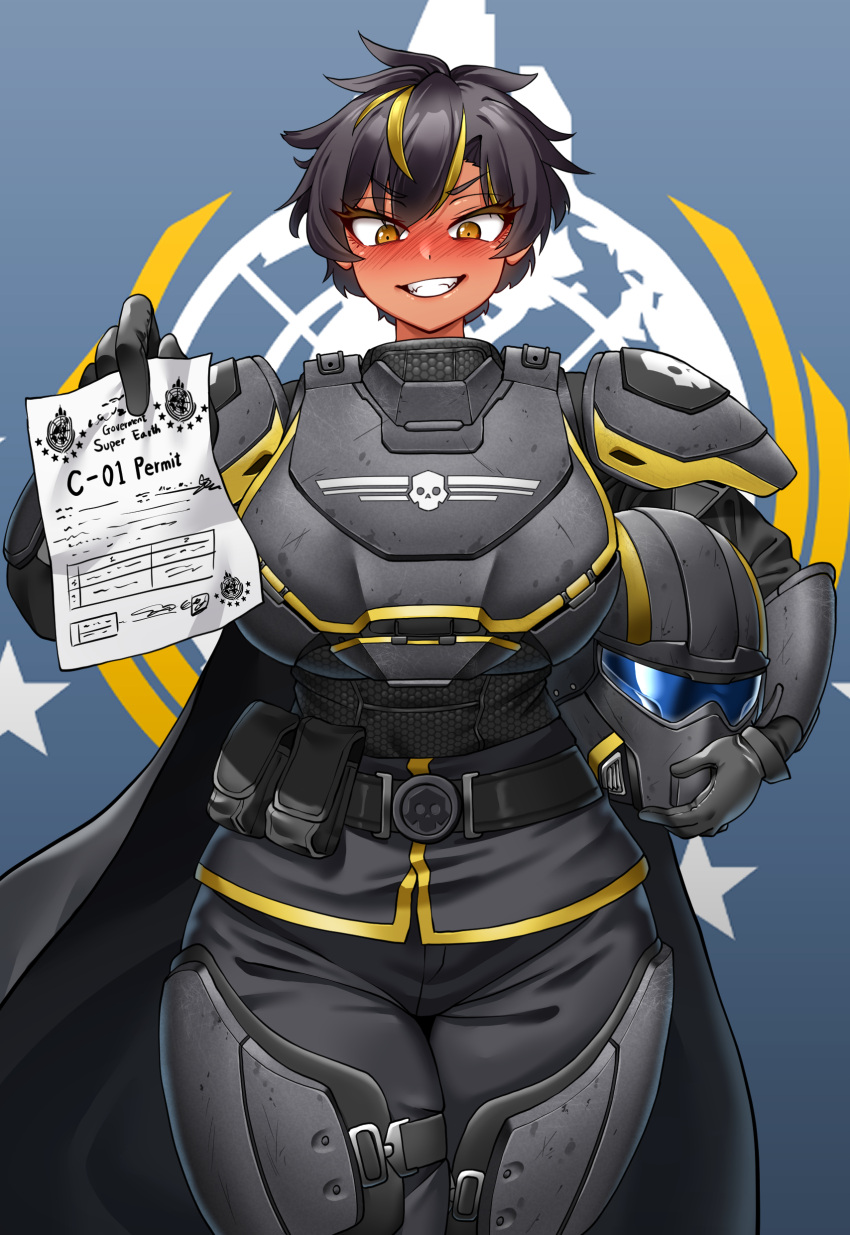 1girl, absurdres, armor, belt, belt_pouch, black_hair, blonde_hair, blush, breasts, c-01_permit_(helldivers), cape, colored_eyelashes, helldiver_(helldivers), helldivers_(series), helmet, highres, hitch_(perotoss), large_breasts, looking_at_viewer, multicolored_hair, orange_hair, pouch, science_fiction, short_hair, skull, solo, streaked_hair, tan, tomboy, unworn_headwear, unworn_helmet