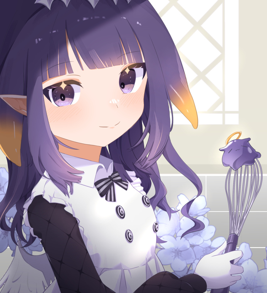 1girl, 8_nana_usagi, apron, black_dress, blush, dress, gloves, highres