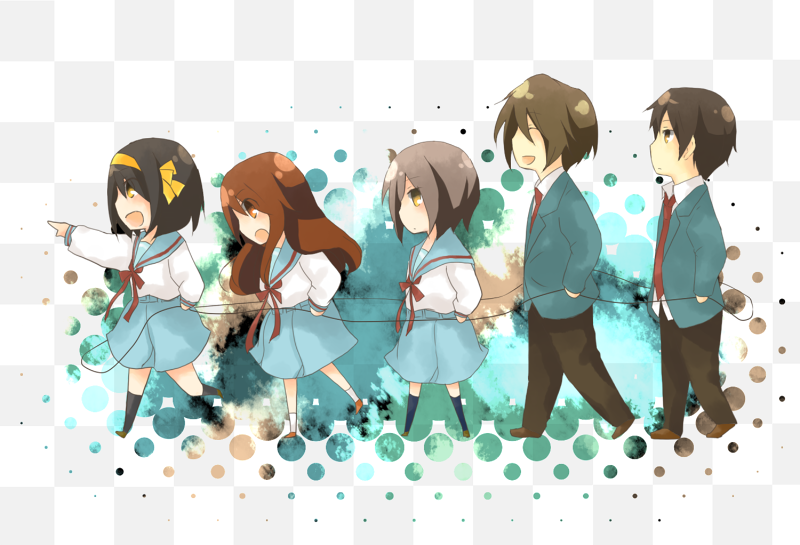 3girls, asahina_mikuru, chibi, koizumi_itsuki, kyon, multiple_boys, multiple_girls, nagato_yuki