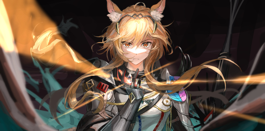 1girl, absurdres, ahoge, aiguillette, animal_ear_fluff, animal_ears, arknights, armor