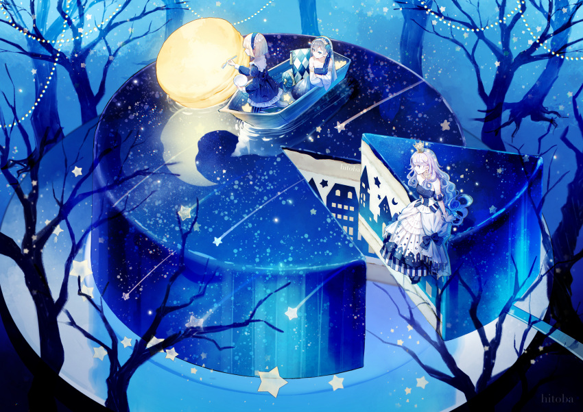 3girls, absurdres, artist_name, bare_shoulders, bare_tree, blue_dress, blue_eyes, blue_hairband