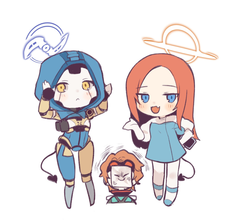 3girls, android, anger_vein, animification, apex_legends, ash_(titanfall_2), ashleigh_reid, blue_archive, blue_dress, blue_eyes, blue_leotard, blush, chibi, cosplay, demon_tail, dress, dual_persona, fang, goggles, goggles_on_head, halo, highres, hood, hood_up, hooded_leotard, horizon_(apex_legends), leotard, long_hair, looking_at_viewer, looking_up, metal_skin, motion_lines, multiple_girls, nagoooon_114, open_hand, orange_hair, pantyhose, parody, sensei_(blue_archive), sensei_(blue_archive)_(cosplay), skin_fang, spacesuit, tail, white_background, white_footwear, white_pantyhose, yellow_eyes