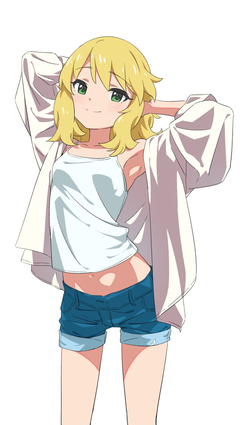 1girl, armpits, arms_behind_head, arms_up, blonde_hair, blue_shorts, camisole, commentary