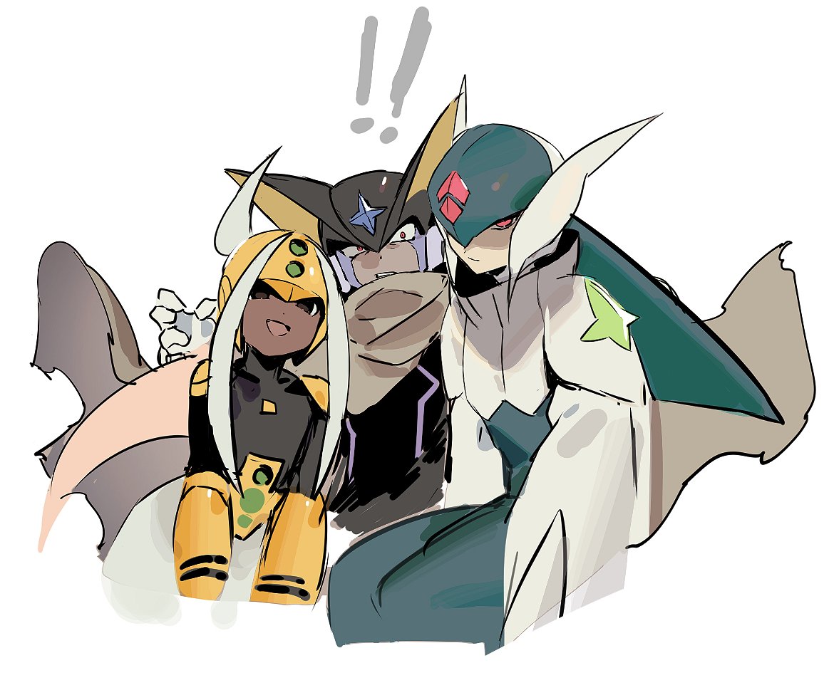 !, !!, 1boy, 2others, bass.exe_(mega_man), black_bodysuit, black_helmet, blonde_hair