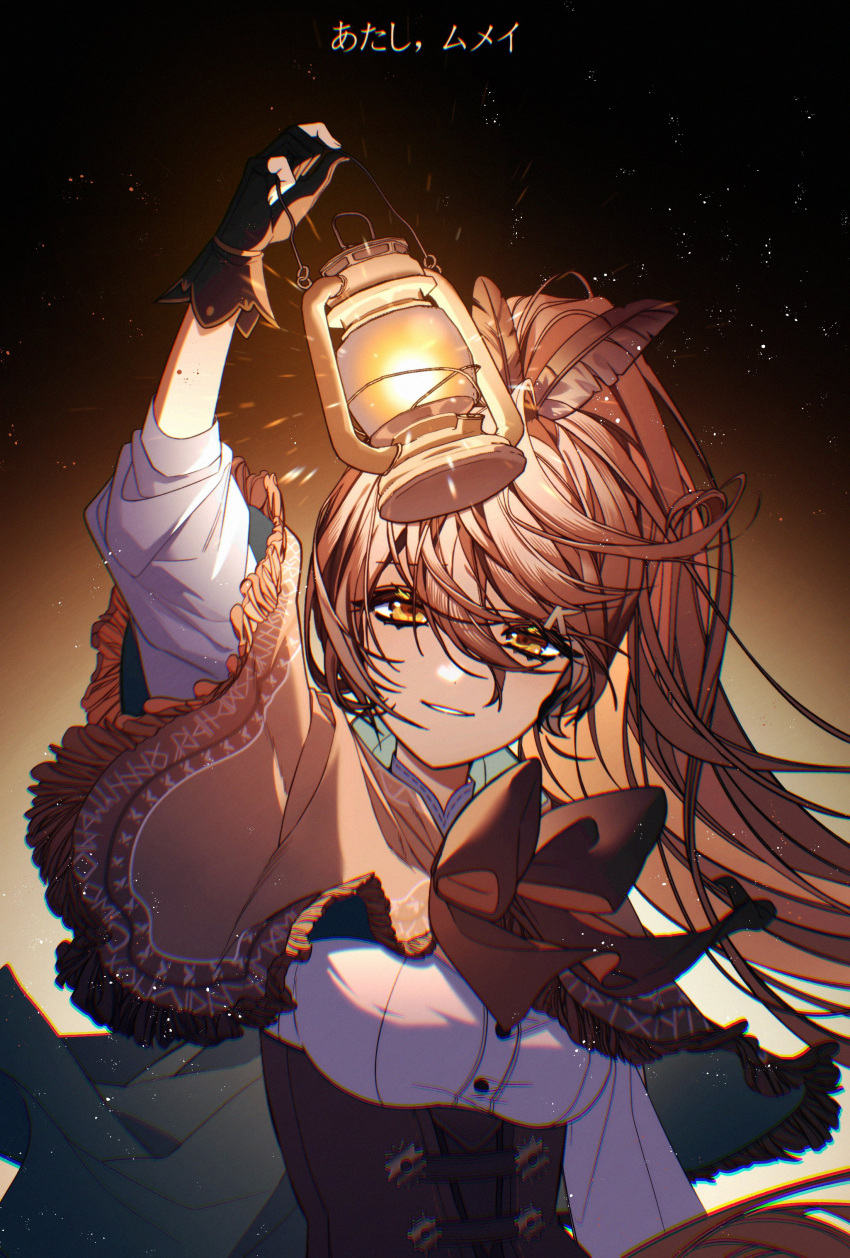 1girl, absurdres, black_background, breasts, brown_eyes, brown_hair, capelet, feather_hair_ornament