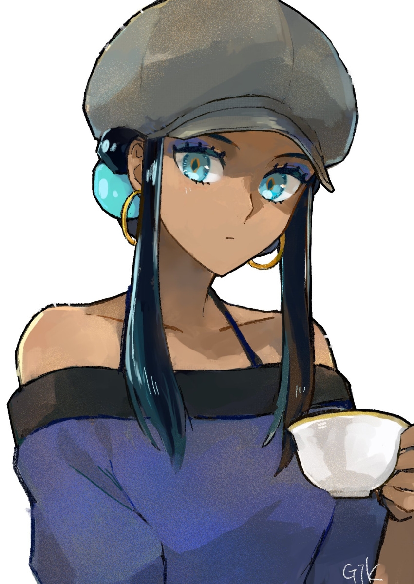 1girl, bare_shoulders, blue_eyes, blue_eyeshadow, commentary_request, cup, dark-skinned_female, dark_skin, earrings, eyelashes, eyeshadow, gk98tm, hair_bun, hat, highres, holding, holding_cup, jewelry, makeup, nessa_(pokemon), pokemon, pokemon_swsh, sidelocks, signature, simple_background, solo, upper_body, white_background