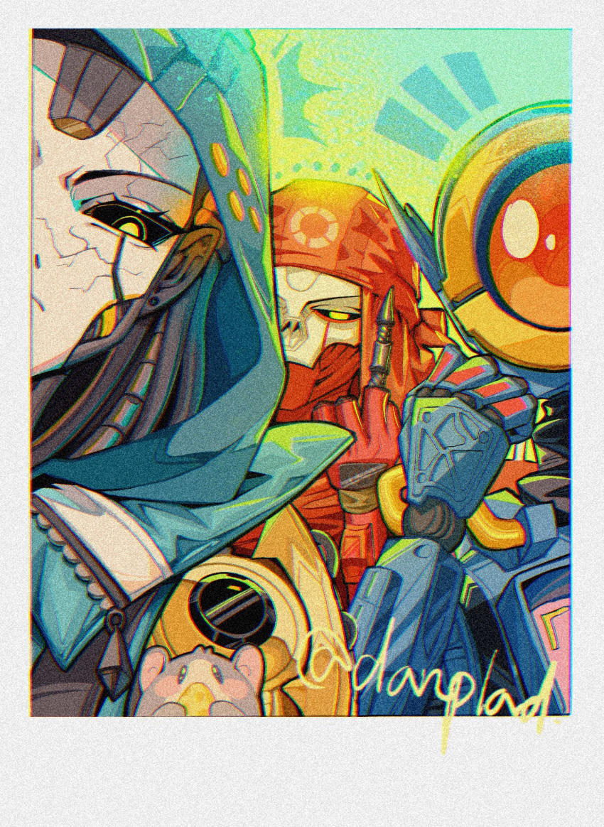 1girl, 2boys, animification, apex_legends, apex_legends:_pathfinder's_quest, ash_(titanfall_2), bandana, black_sclera, chromatic_aberration, classic_revenant, clenched_hand, colored_sclera, cracked_skin, film_grain, frown, highres, hood, hood_up, humanoid_robot, looking_at_viewer, middle_finger, mo_yu_youhai_jiankang, mouse, multiple_boys, one-eyed, orange_eyes, pathfinder_(apex_legends), polaroid, red_bandana, red_scarf, revenant_(apex_legends), robot, scarf, twitter_username, yellow_eyes