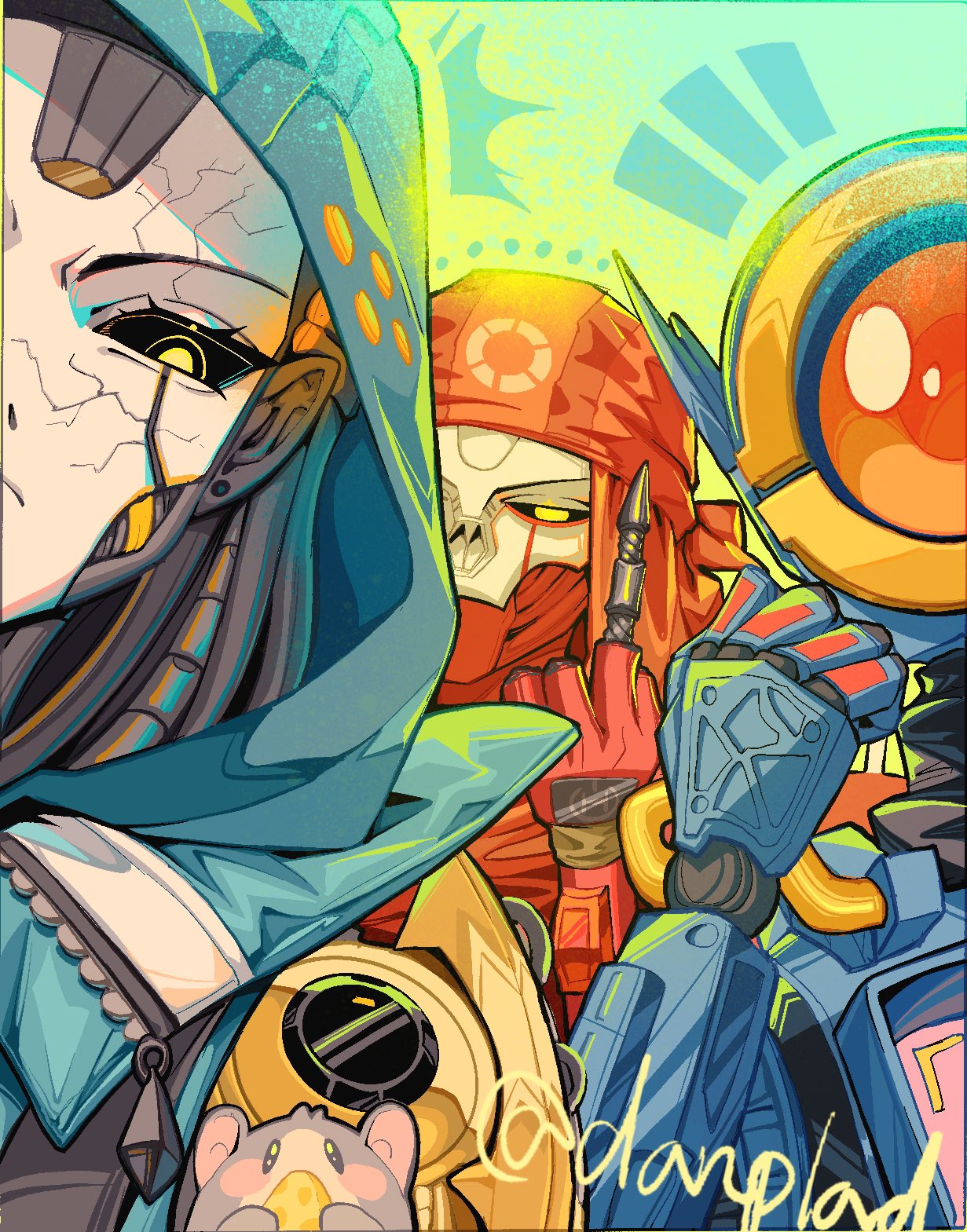 1girl, 2boys, animification, apex_legends, apex_legends:_pathfinder's_quest, ash_(titanfall_2), bandana, black_sclera