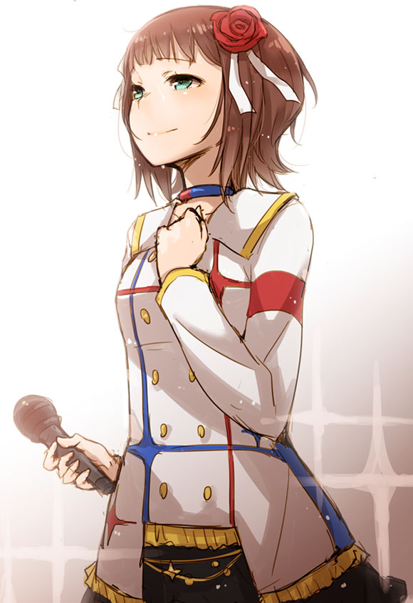 1girl, amami_haruka, ayakura_juu, brown_hair, commentary_request, flower, green_eyes, hair_flower
