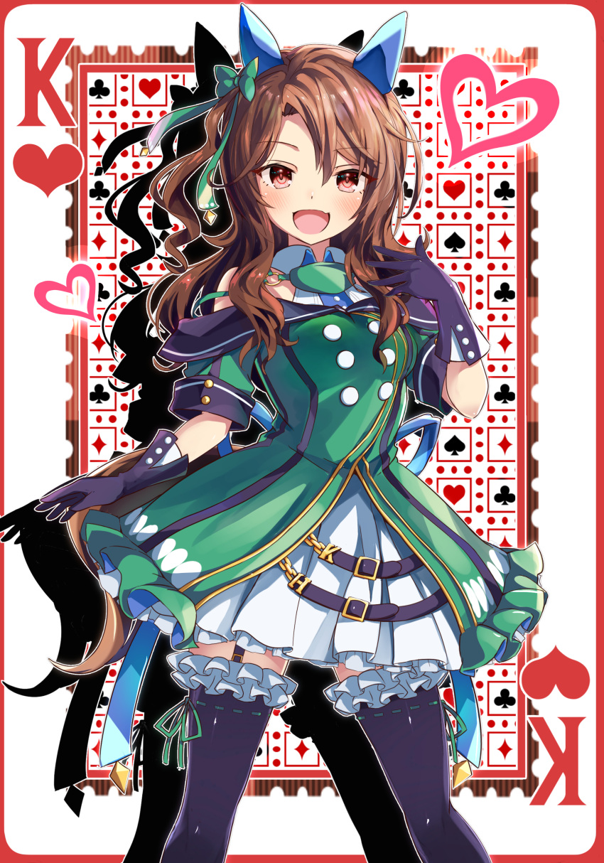 1girl, absurdres, bare_shoulders, black_gloves, black_thighhighs, brown_eyes, brown_hair, card