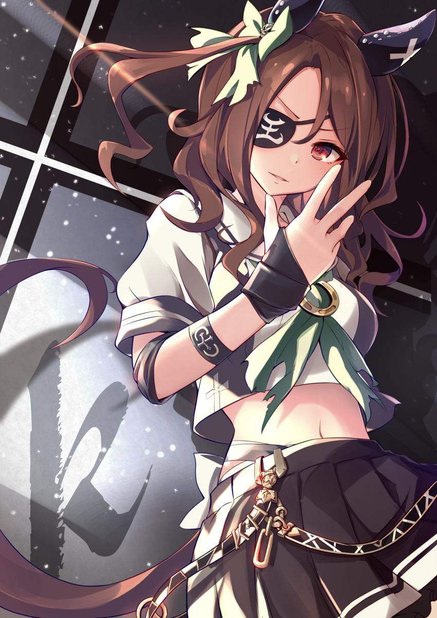 1girl, absurdres, alternate_costume, animal_ears, black_blindfold, black_skirt, blindfold, breasts