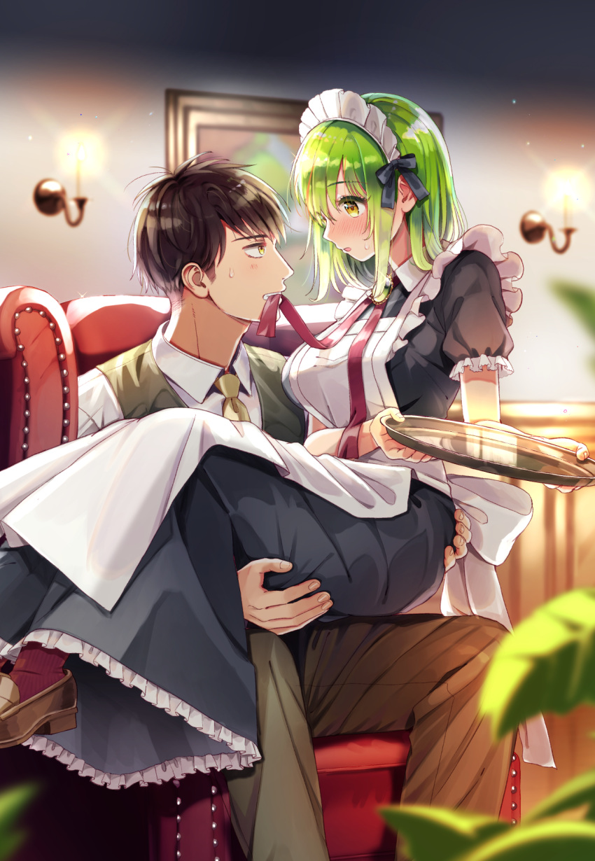 1boy, 1girl, apron, armchair, black_hair, blurry, blurry_background, blurry_foreground, breasts, brown_footwear, carrying, chair, commentary_request, eye_contact, frills, fumishichi, green_hair, green_necktie, green_vest, hetero, highres, holding, holding_tray, indoors, loafers, long_hair, looking_at_another, maid, maid_apron, maid_headdress, medium_breasts, mouth_hold, necktie, original, princess_carry, red_socks, shoes, sitting, socks, tray, vest, white_apron, yellow_eyes