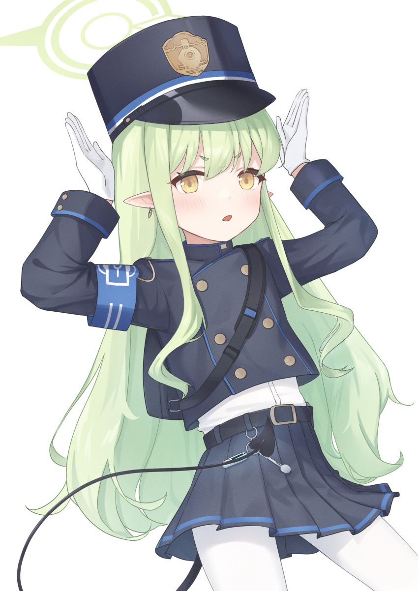 1girl, absurdres, armband, arms_up, black_hat, black_tail, blue_archive, blue_armband