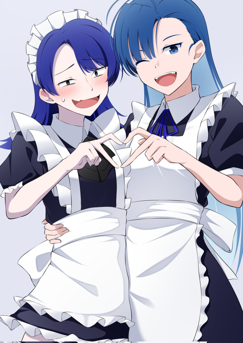 2girls, ado_(utaite), ahoge, alternate_costume, apron, atashi_wa_mondaisaku, black_dress, blue_eyes