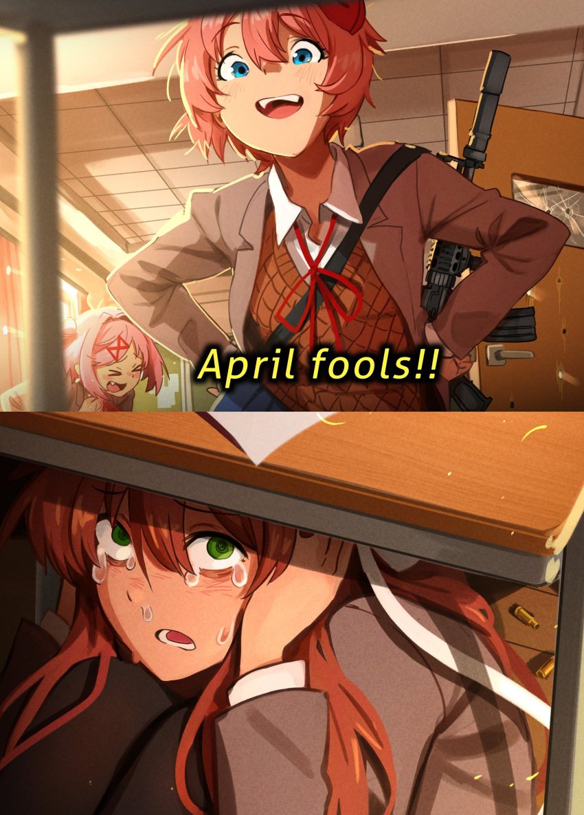 >_<, 3girls, :d, absurdres, april_fools, blue_eyes, brown_hair, bullet, commentary, crying, crying_with_eyes_open, doki_doki_literature_club, fang, grey_jacket, hands_on_own_hips, highres, indoors, jacket, khyle., long_sleeves, monika_(doki_doki_literature_club), multiple_girls, natsuki_(doki_doki_literature_club), open_clothes, open_jacket, open_mouth, pink_hair, sayori_(doki_doki_literature_club), short_hair, smile, tears, under_table