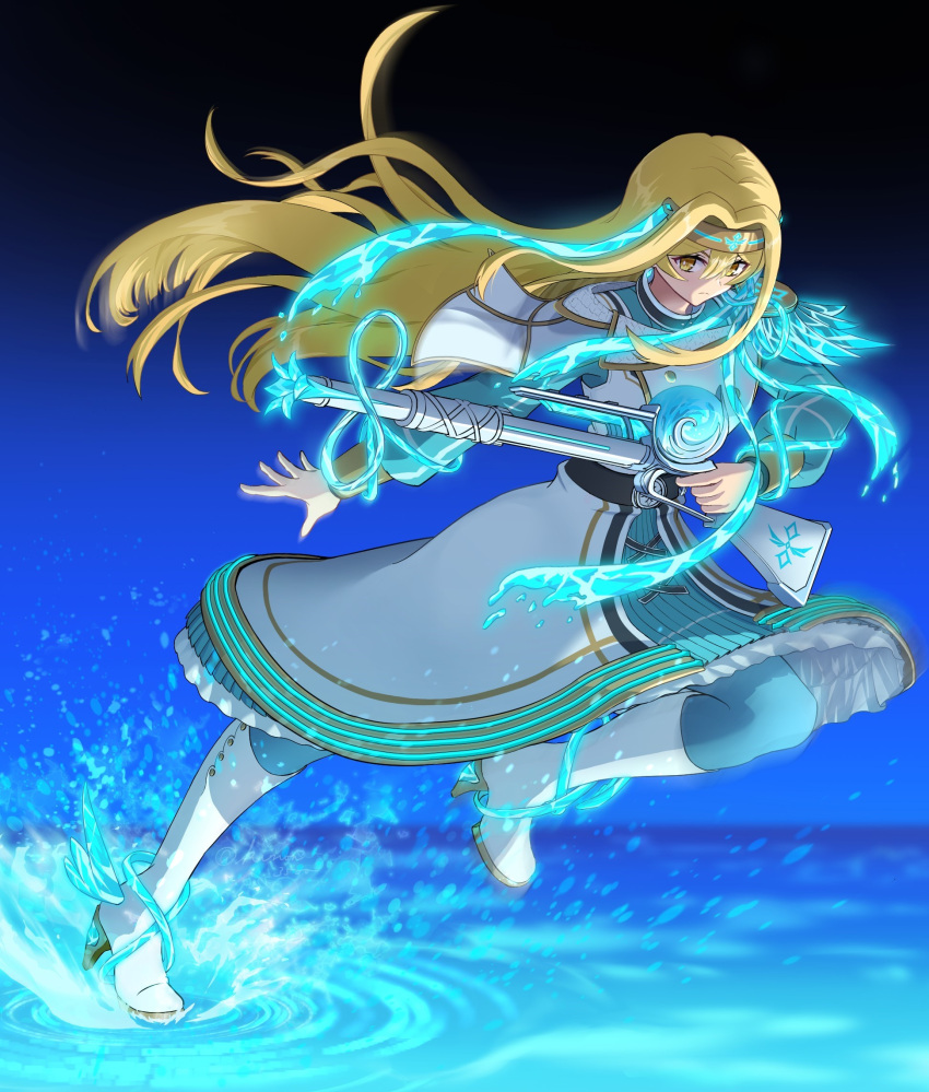 1girl, blonde_hair, boots, dress, duel_monster, exosister_gibrine, exosister_irene, full_body, gun, hairband, highres, holding, holding_gun, holding_weapon, kyrion, long_hair, long_sleeves, solo, splashing, walking, walking_on_liquid, weapon, yellow_eyes, yu-gi-oh!