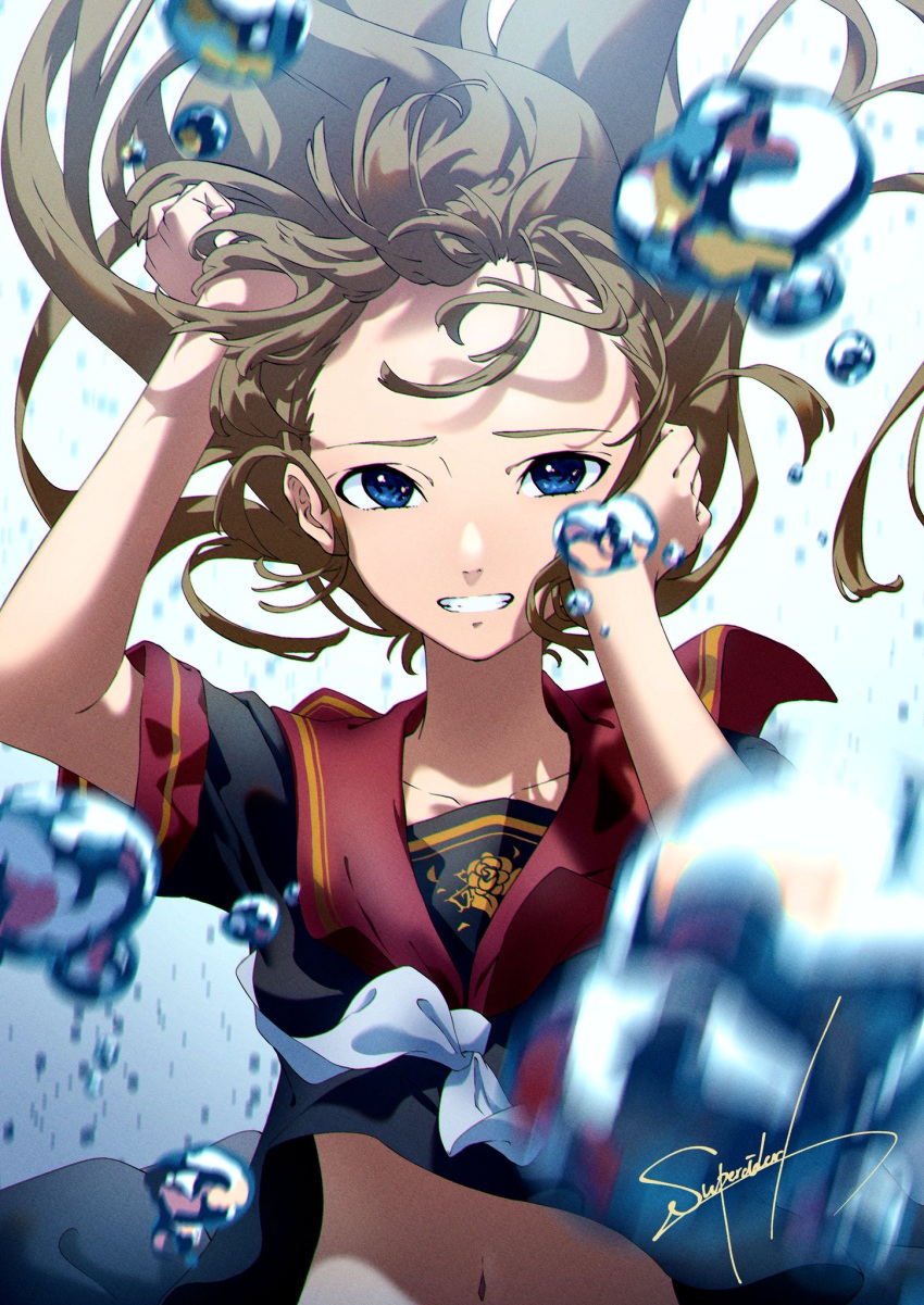 1girl, air_bubble, akiwashi, artist_name, black_serafuku, blue_background, blue_eyes, brown_hair, bubble, character_request, detailed_knuckles, floating_hair, gradient_background, hands_in_hair, happy, highres, looking_at_viewer, messy_hair, midriff_peek, navel, original, school_uniform, serafuku, signature, smile, solo, uniform, white_background, zero_gravity