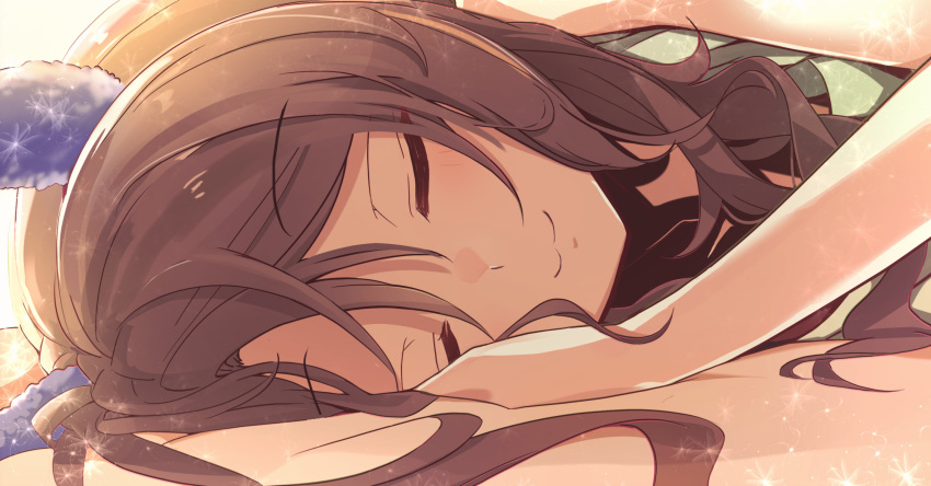 1girl, animal_ears, brown_hair, closed_eyes, closed_mouth, ear_covers, hair_between_eyes, highres, horse_ears, horse_girl, king_halo_(umamusume), lying, neko_senshi, sleeping, smile, solo, umamusume, wavy_hair, zenless_zone_zero
