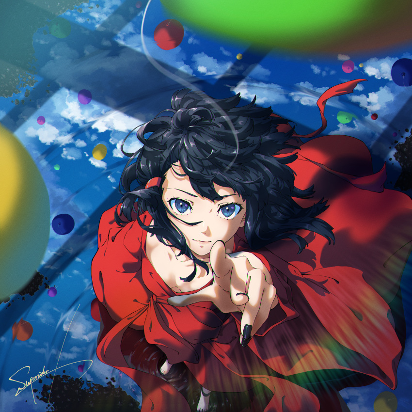 1girl, absurdres, akiwashi, artist_name, barefoot, black_nails, blue_eyes, blue_sky