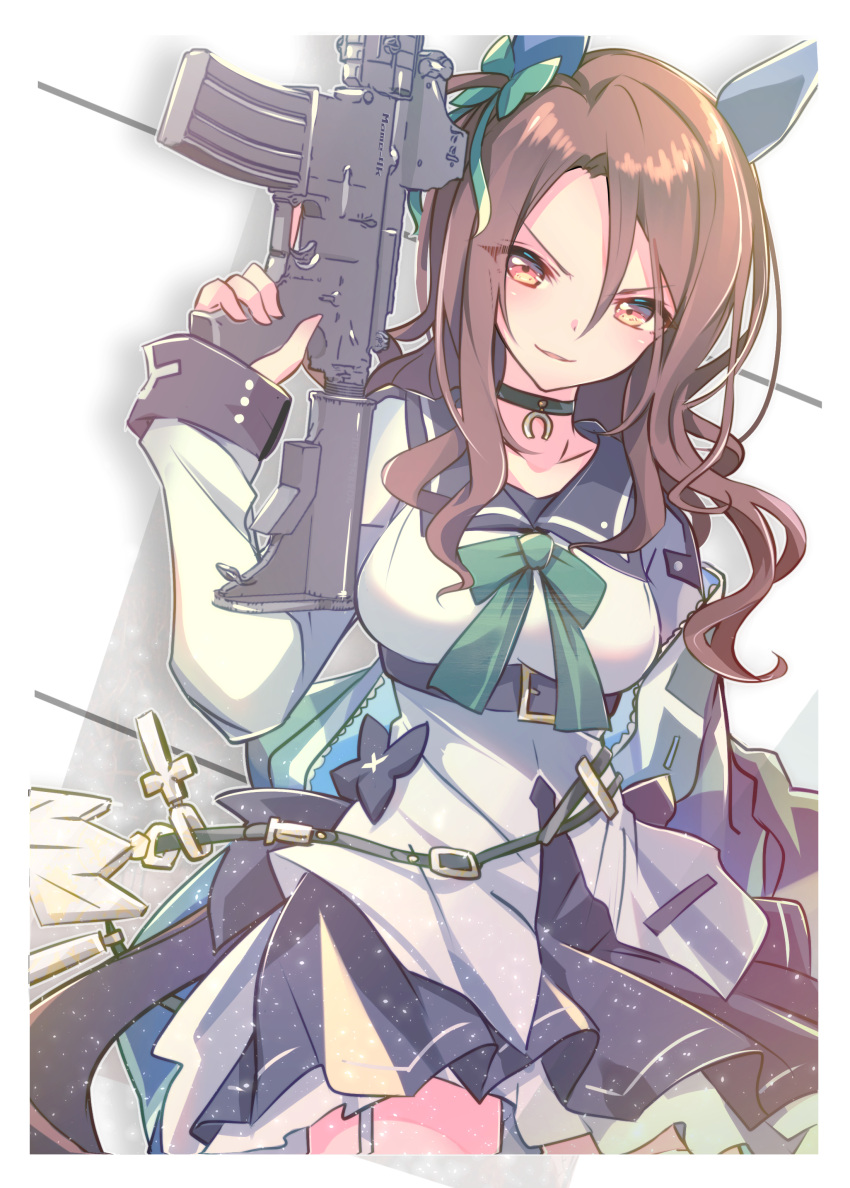 1girl, absurdres, animal_ears, assault_rifle, brown_hair, collarbone, cowboy_shot, dress