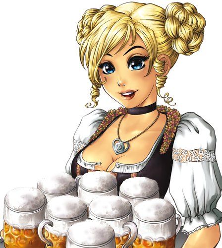 bavarian, beer, beer_mug, blonde_hair, blue_eyes, breasts, cleavage, curly_hair, dirndl, german, jewelry, large_breasts, lips, locks, lowres, marie_sann, necklace, oktoberfest, puffy_sleeves