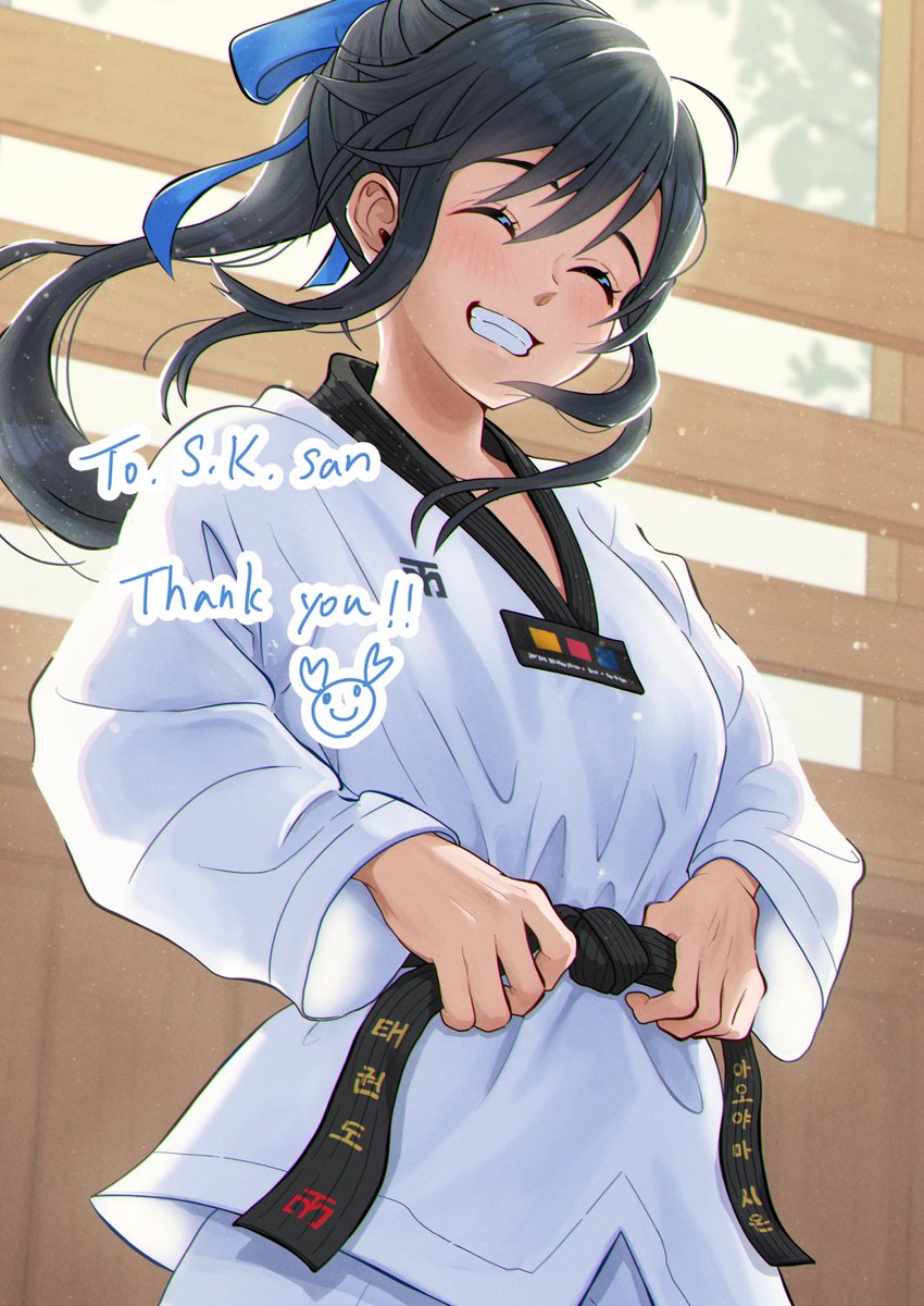 1girl, belt, black_belt, black_hair, blue_bow, bow, character_request, closed_eyes