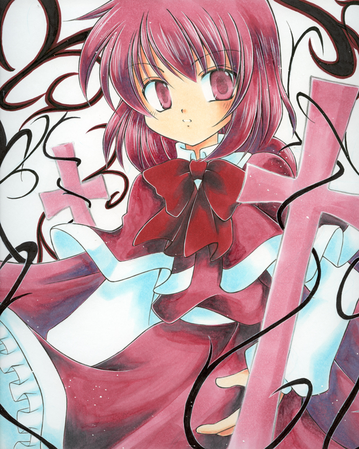 kazra, okazaki_yumemi, red_hair, redhead, ribbon, shikishi, short_hair, solo, touhou, touhou_(pc-98), traditional_media