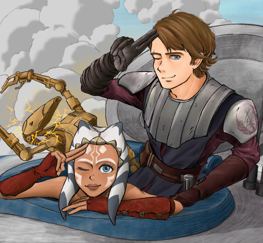 1girl, ahsoka_tano, anakin_skywalker, b1_battle_droid, belt, brown_hair, droid, energy_sword