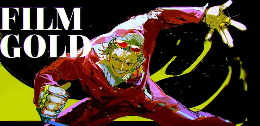 1boy, \||/, arm_up, ascot, azisaiharumaki56, black_background, black_border, blurry_edges