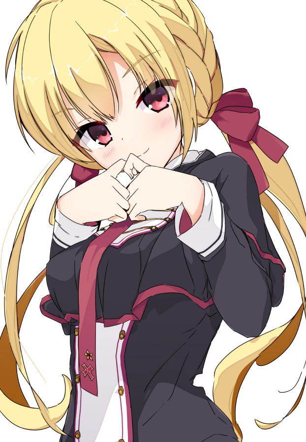 1girl, arihara_nanami, black_capelet, black_shirt, blonde_hair, blush, bow, braid