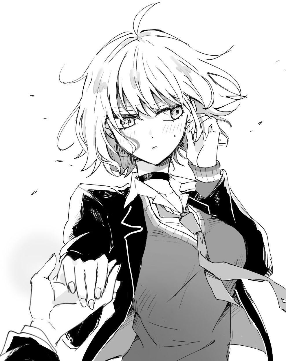 1boy, 1girl, ahoge, blush, breasts, choker, earrings, fate/grand_order, fate_(series), highres, holding_hands, jeanne_d'arc_alter_(avenger)_(fate), jeanne_d'arc_alter_(fate), jewelry, large_breasts, mo_(aabx315), monochrome, necktie, school_uniform, short_hair, stud_earrings, sweater