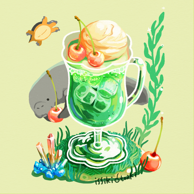 animal, artist_name, cherry, commentary_request, crystal, cup, drink, drinking_glass