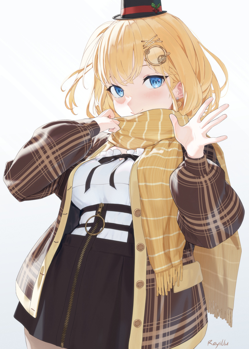 1girl, absurdres, adjusting_scarf, artist_name, black_hat, black_skirt, blonde_hair, blue_eyes