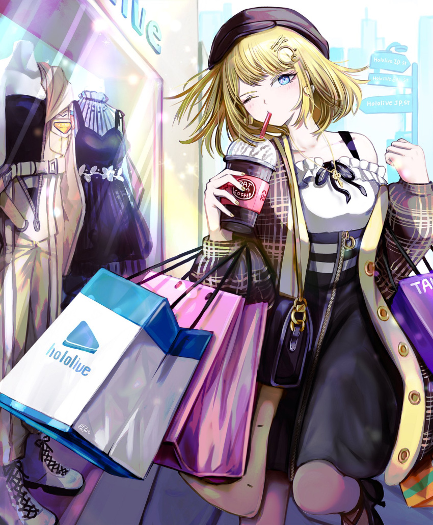 bag, black_footwear, black_hat, black_pantyhose, black_skirt, blonde_hair, blue_eyes, brown_coat