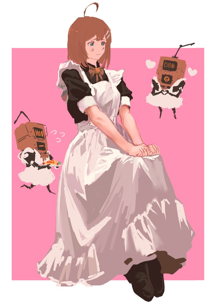 1girl, ahoge, apron, black_dress, black_footwear, blue_eyes, brown_hair, closed_mouth
