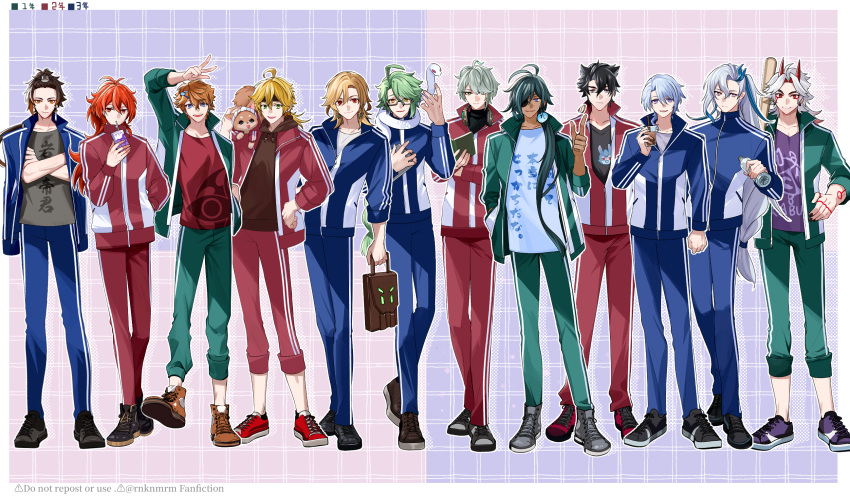 6+boys, :d, alhaitham_(genshin_impact), antenna_hair, arataki_itto, arm_up, artist_name, asymmetrical_bangs