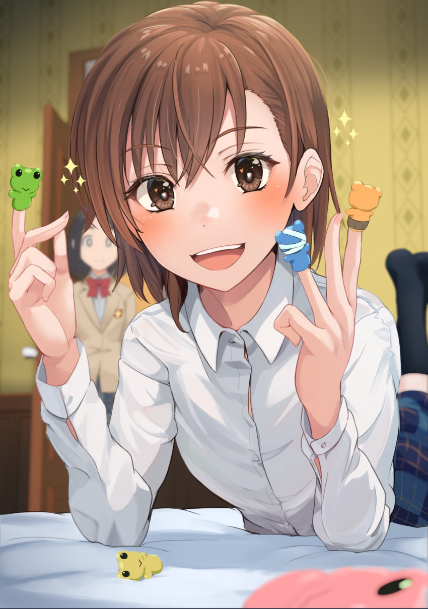 2girls, :d, arm_support, bed, black_hair, black_socks, blazer, blue_skirt