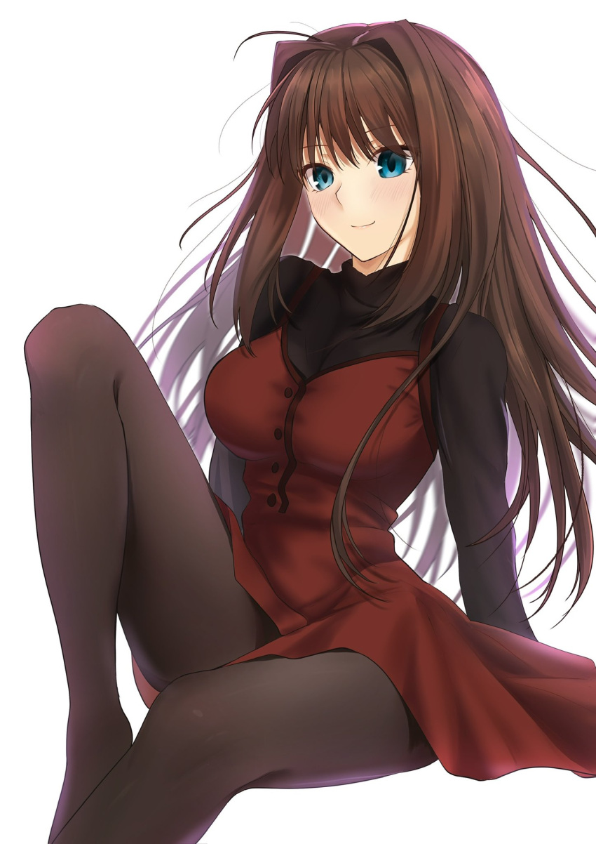 1girl, aozaki_aoko, black_sweater, blue_eyes, blush, brown_hair, brown_pantyhose, closed_mouth